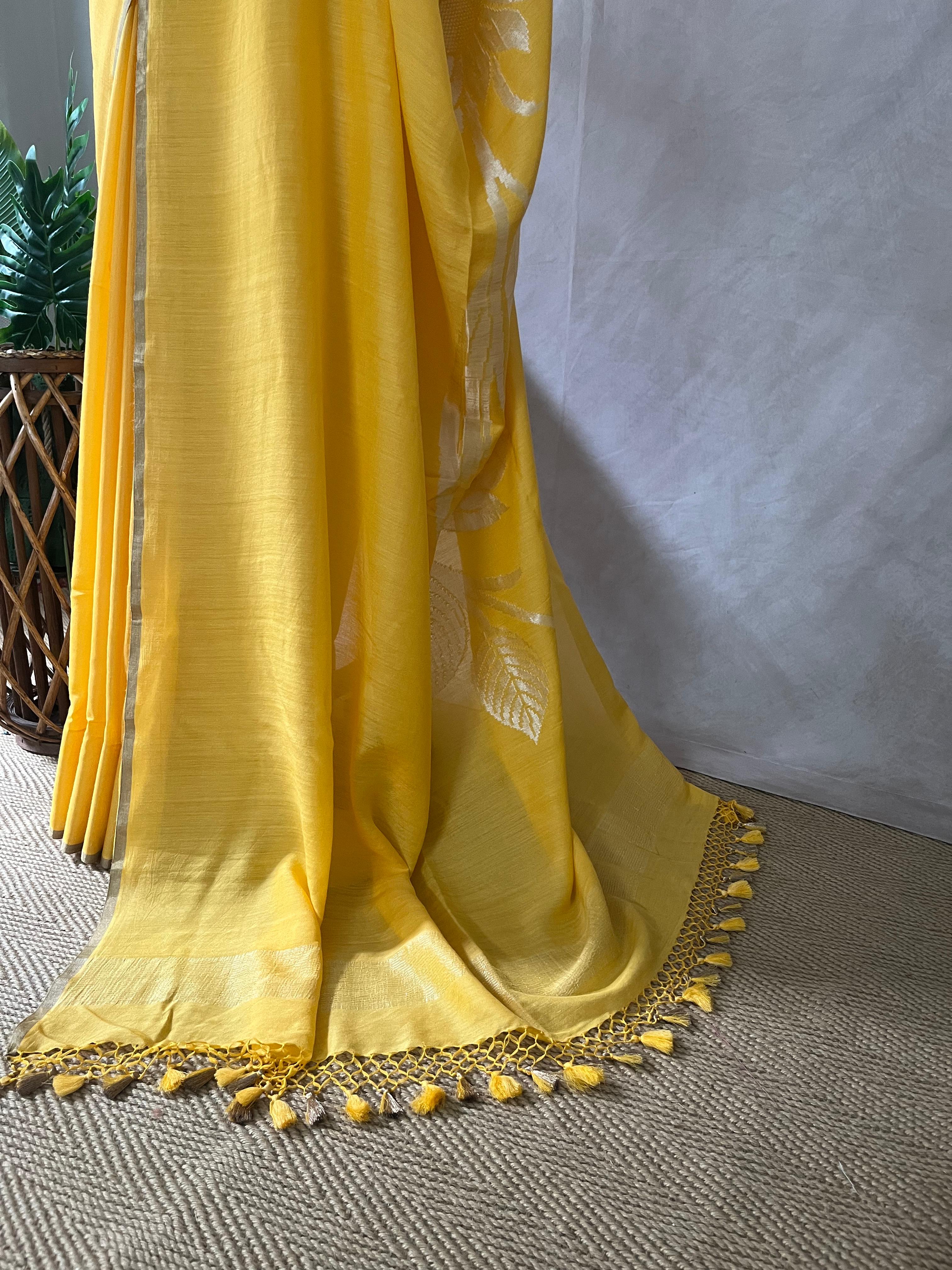 Yellow pure munga silk designer weave (single Motif) saree with stitched blouse