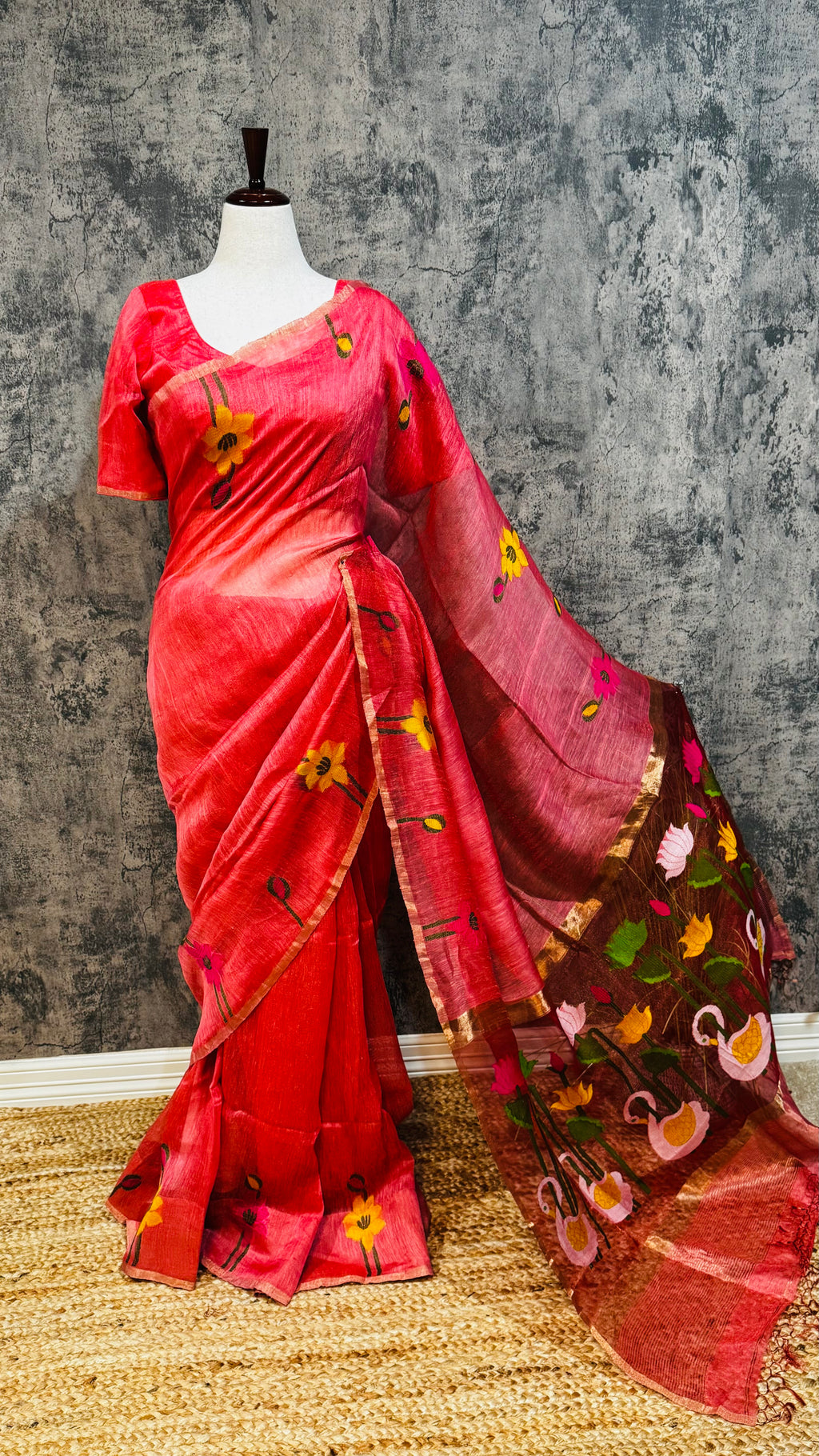 Pure silk linen saree with jamdani weave and stitched blouse