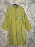 Light green cotton small check kurta with hand emroidery on the neck