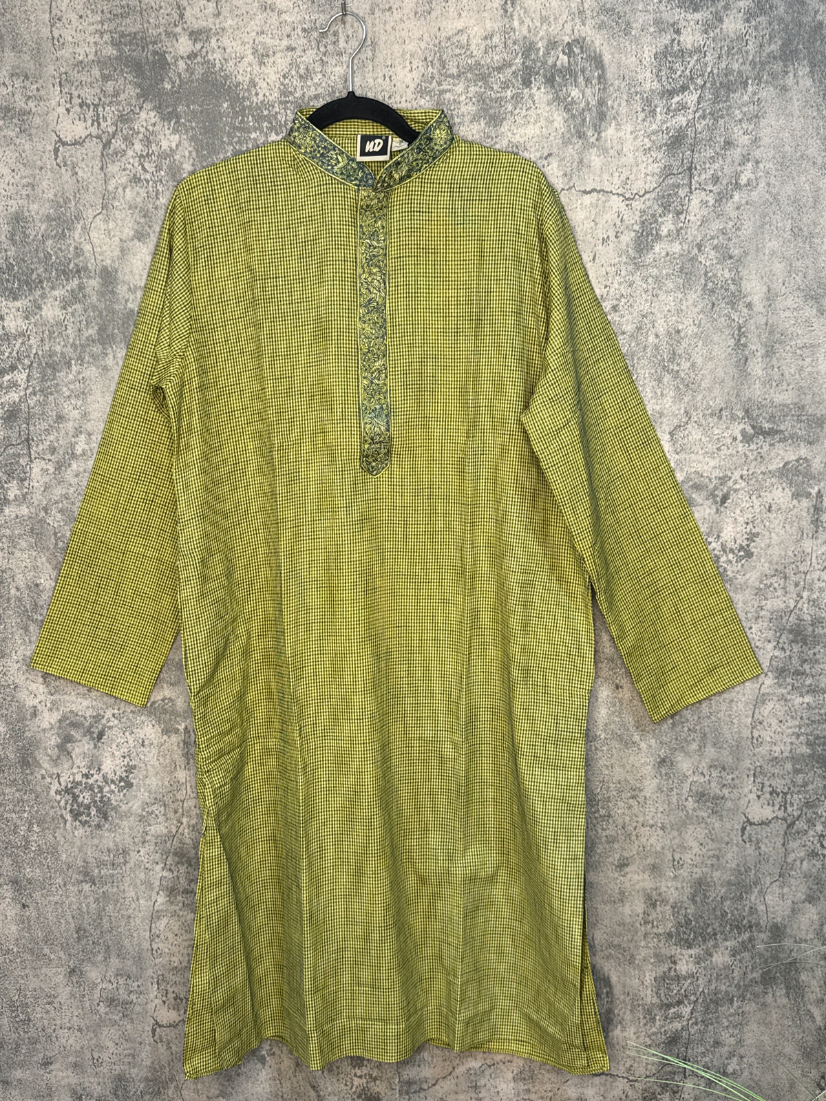 Light green cotton small check kurta with hand emroidery on the neck