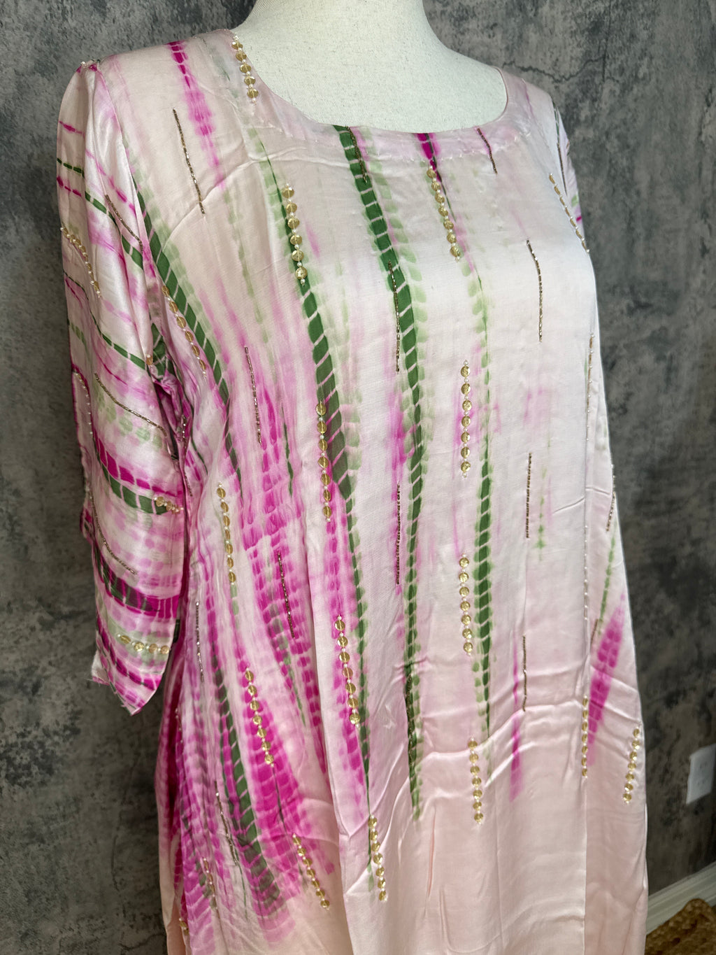 Modal silk shibori designer kurti with handwork and bottom