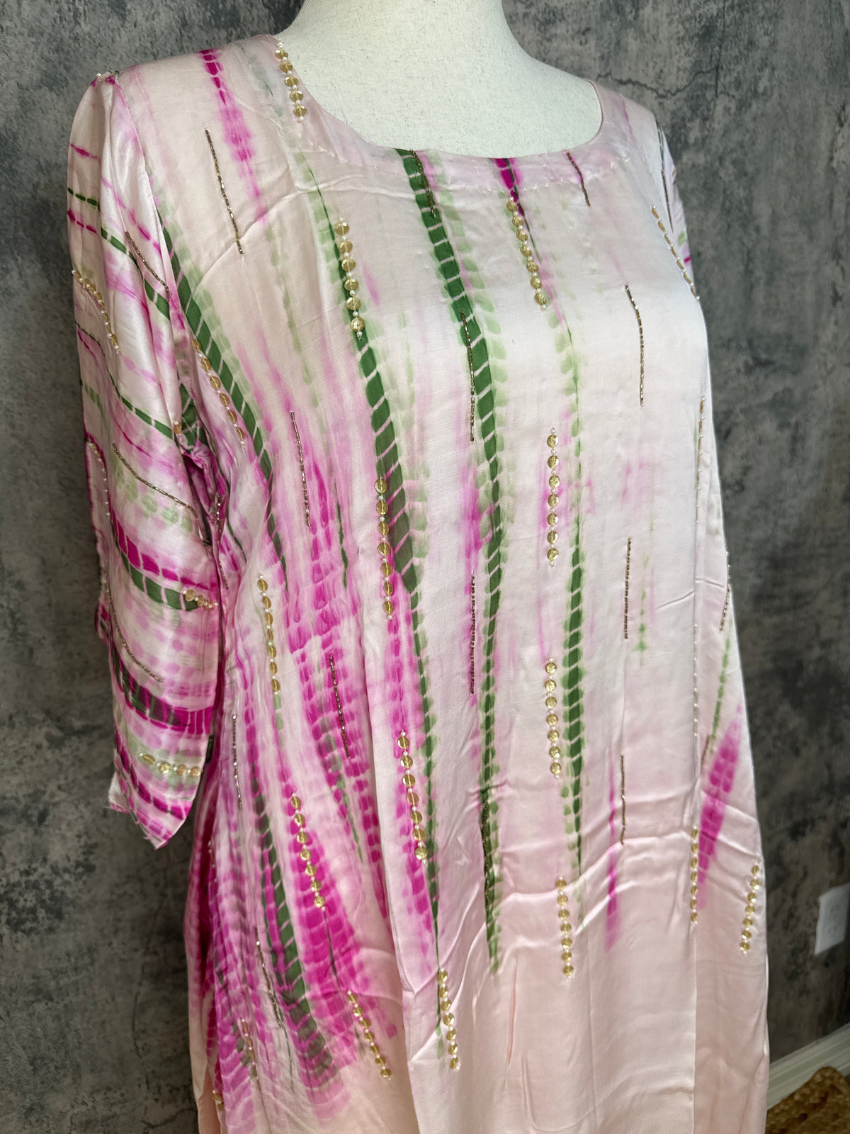 Modal silk shibori designer kurti with handwork and bottom