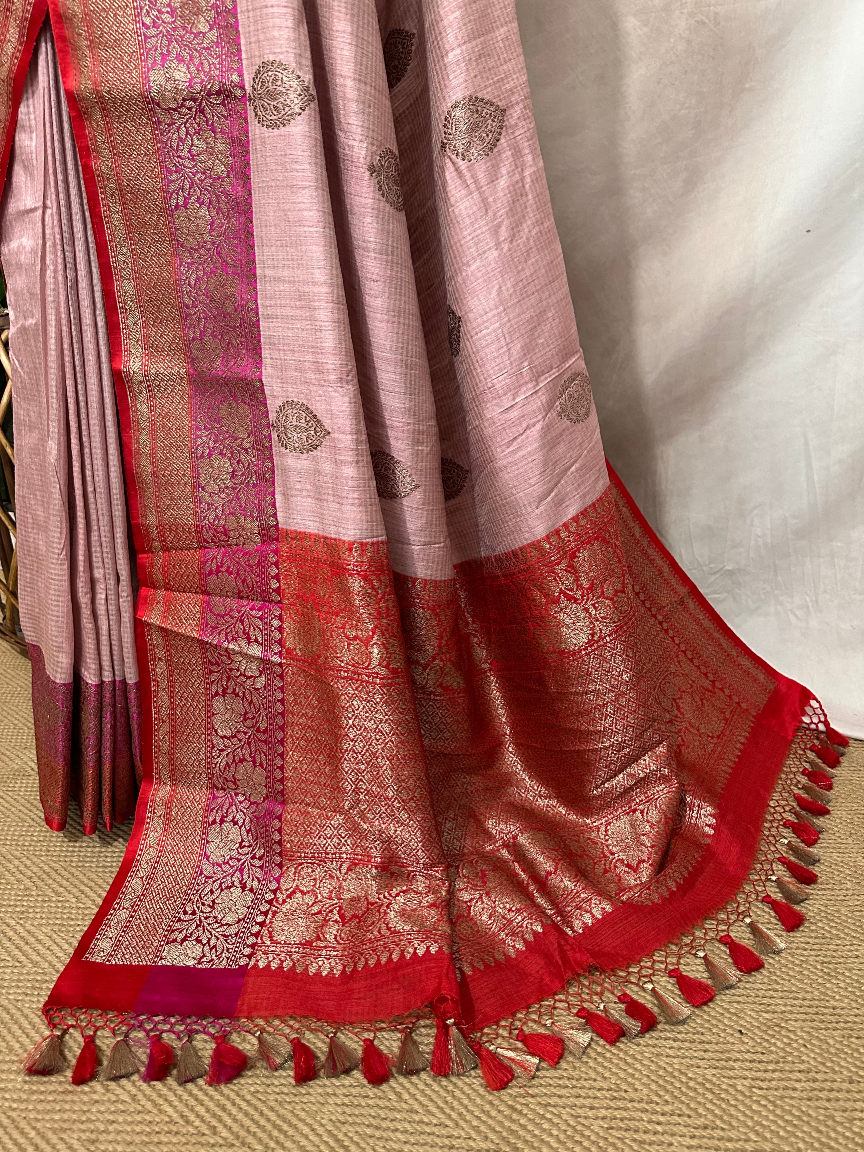 Pure dupion silk saree with banarsi border and stitched blouse