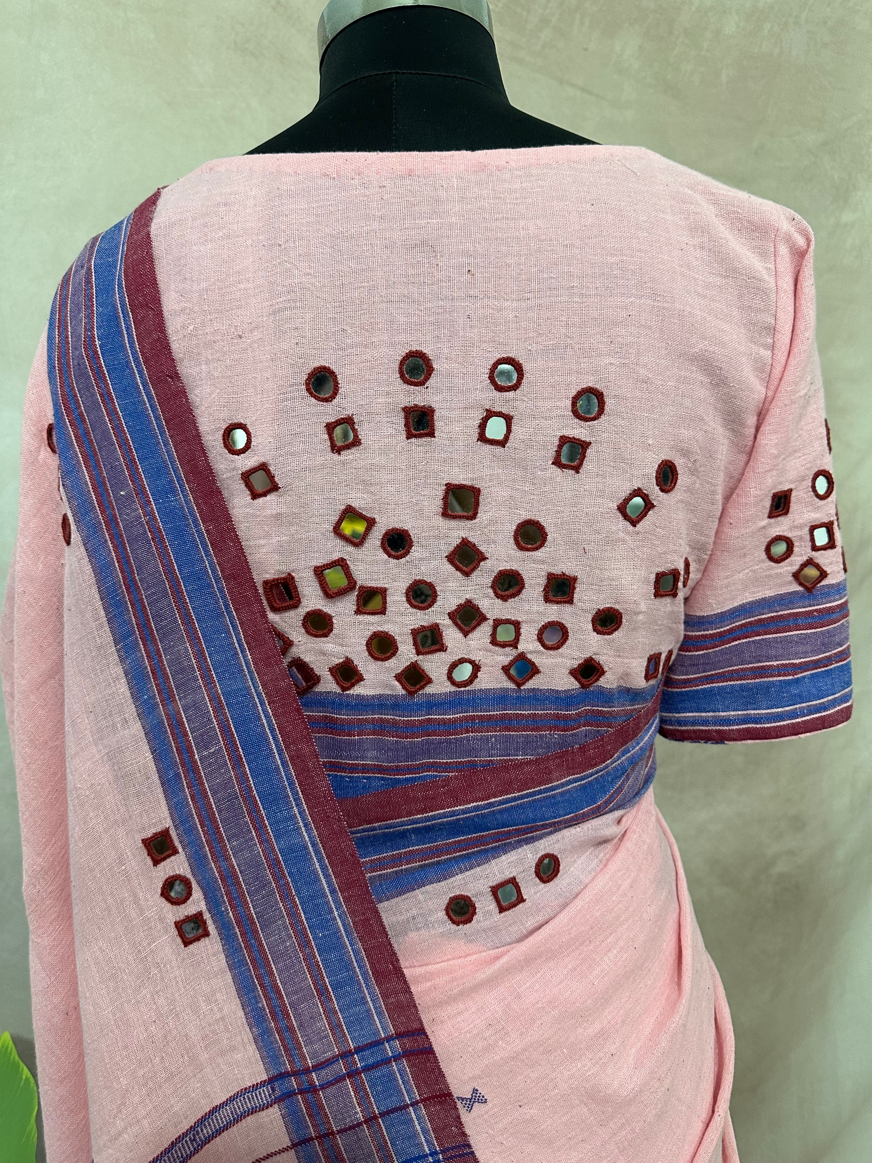 Organic Kala cotton handloom saree with mirror work , stitched blouse