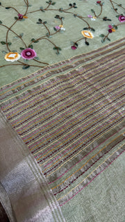 Grey Tissue Linen Saree with Hand Embroidery  and stitched blouse
