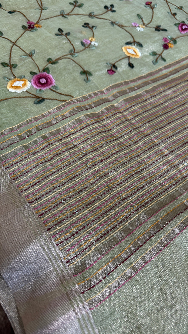 Grey Tissue Linen Saree with Hand Embroidery  and stitched blouse