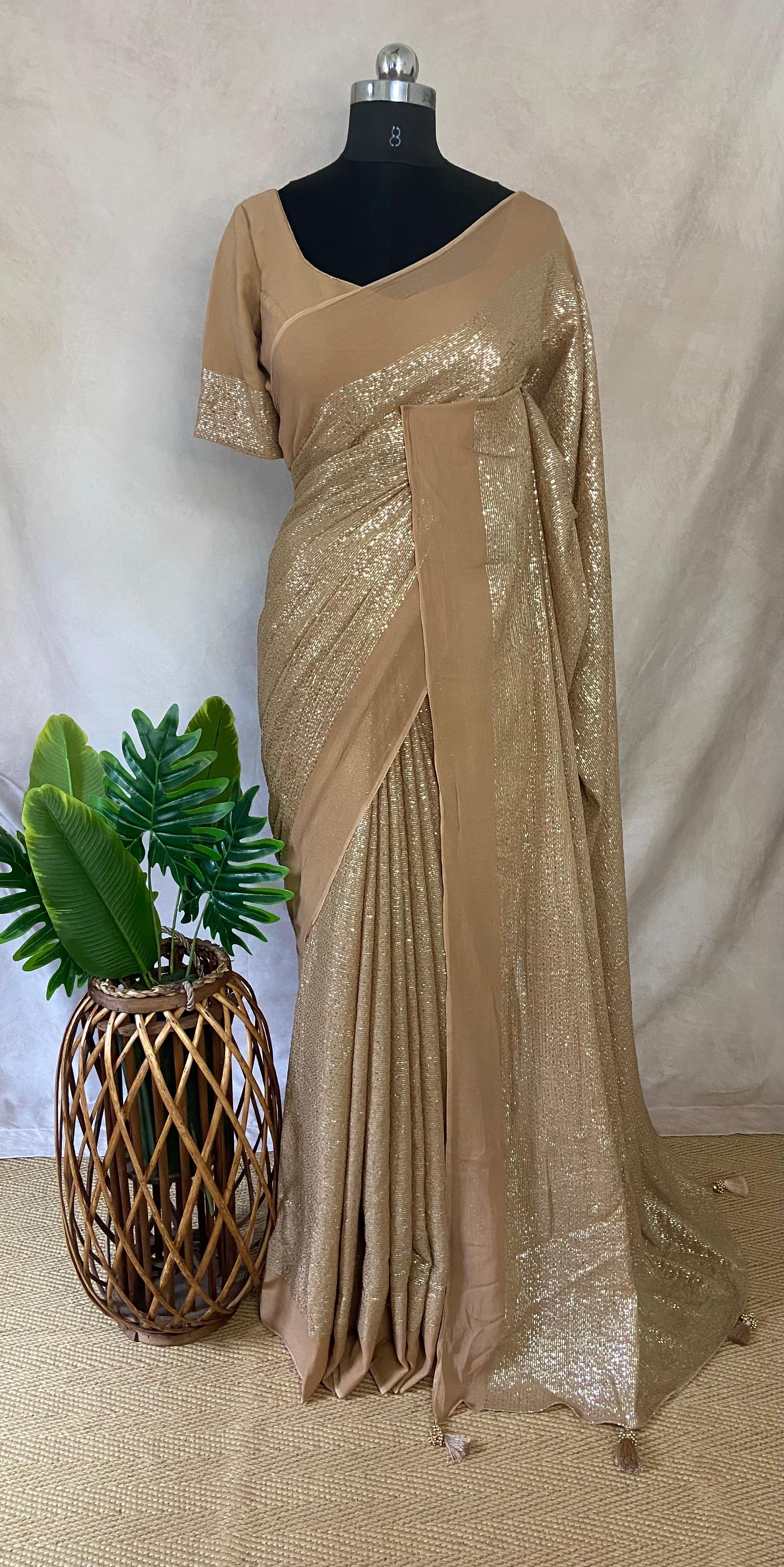 Chikku/Latte color georgette saree with gotta lines, stitched blouse