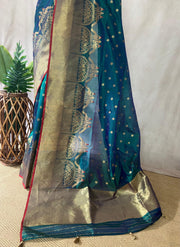 Navy blue chanderi silk saree with stitched blouse