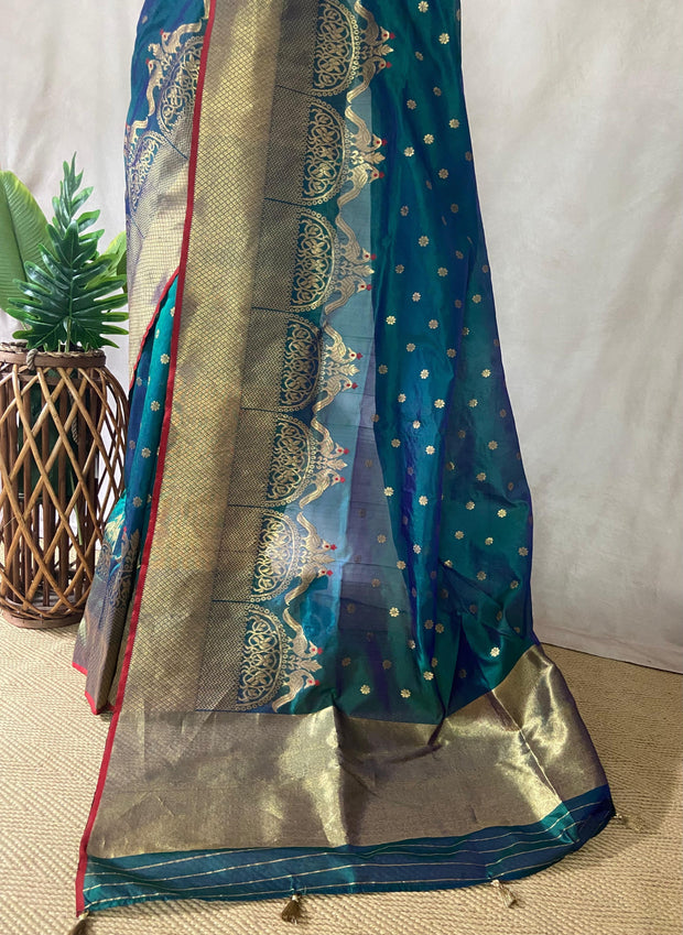 Navy blue chanderi silk saree with stitched blouse