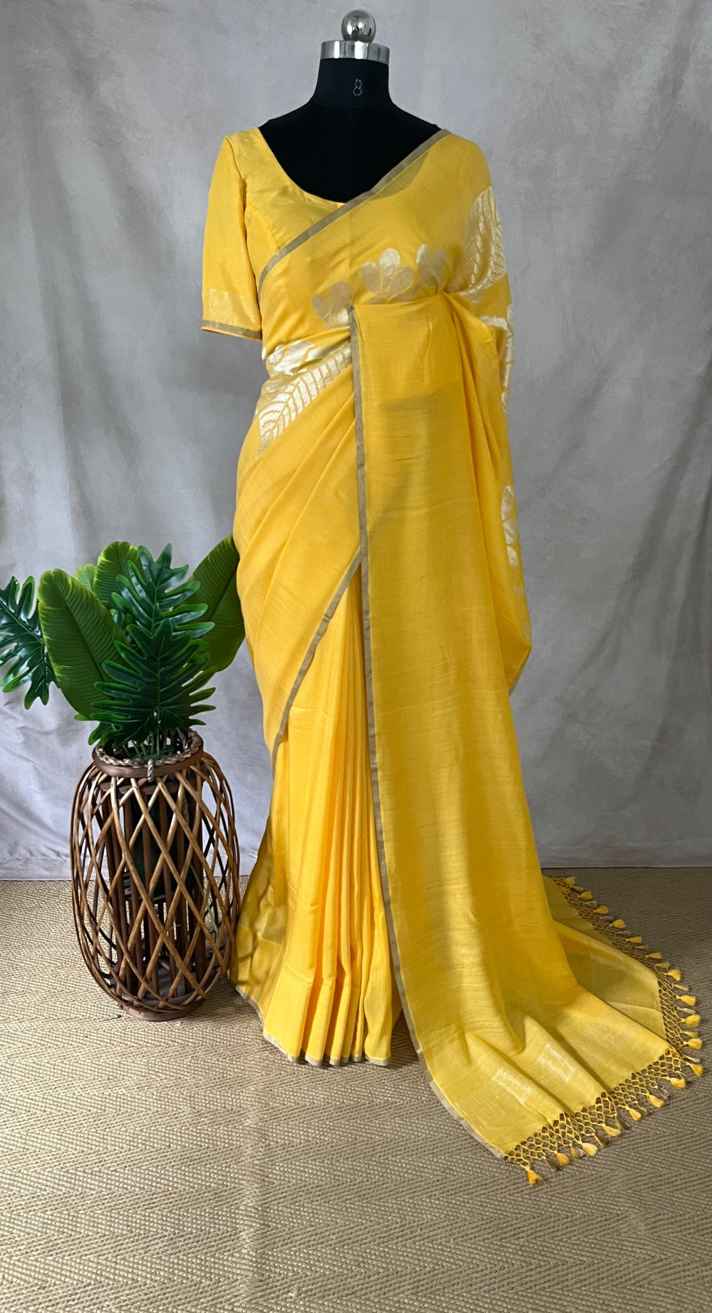 Yellow pure munga silk designer weave (single Motif) saree with stitched blouse