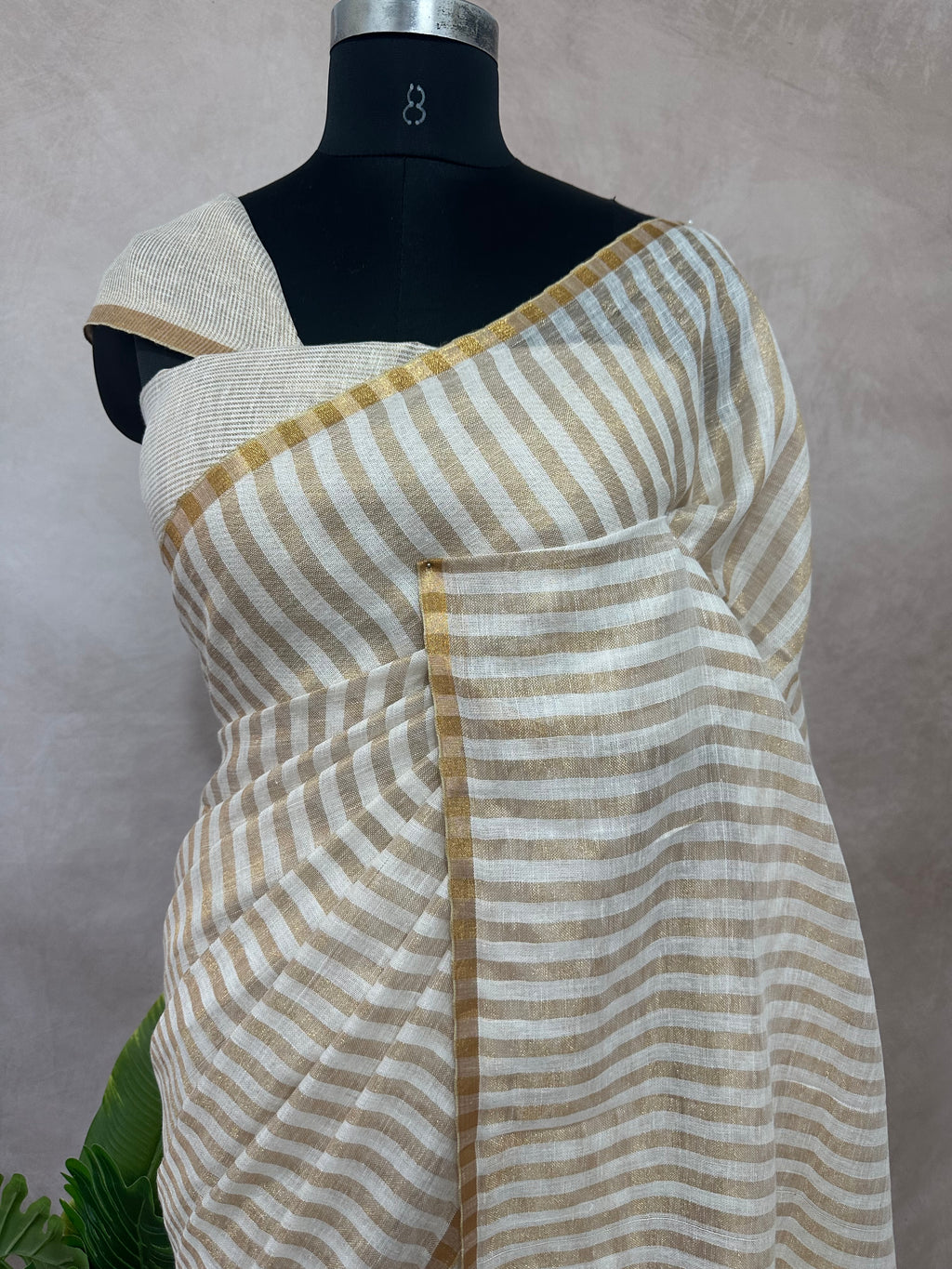 Linen saree with gold stripes
