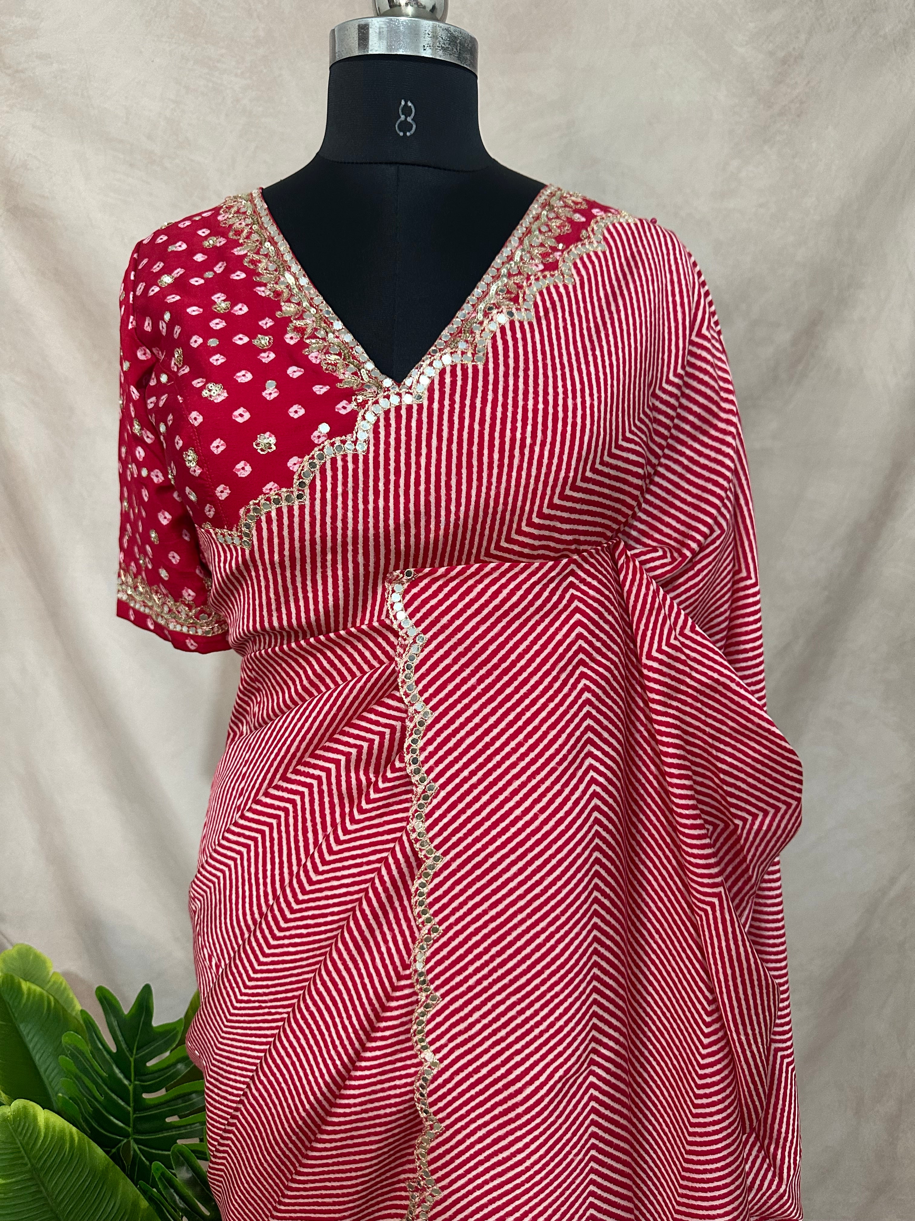 Lahariya printed tussar silk saree with handwork , stitched blouse
