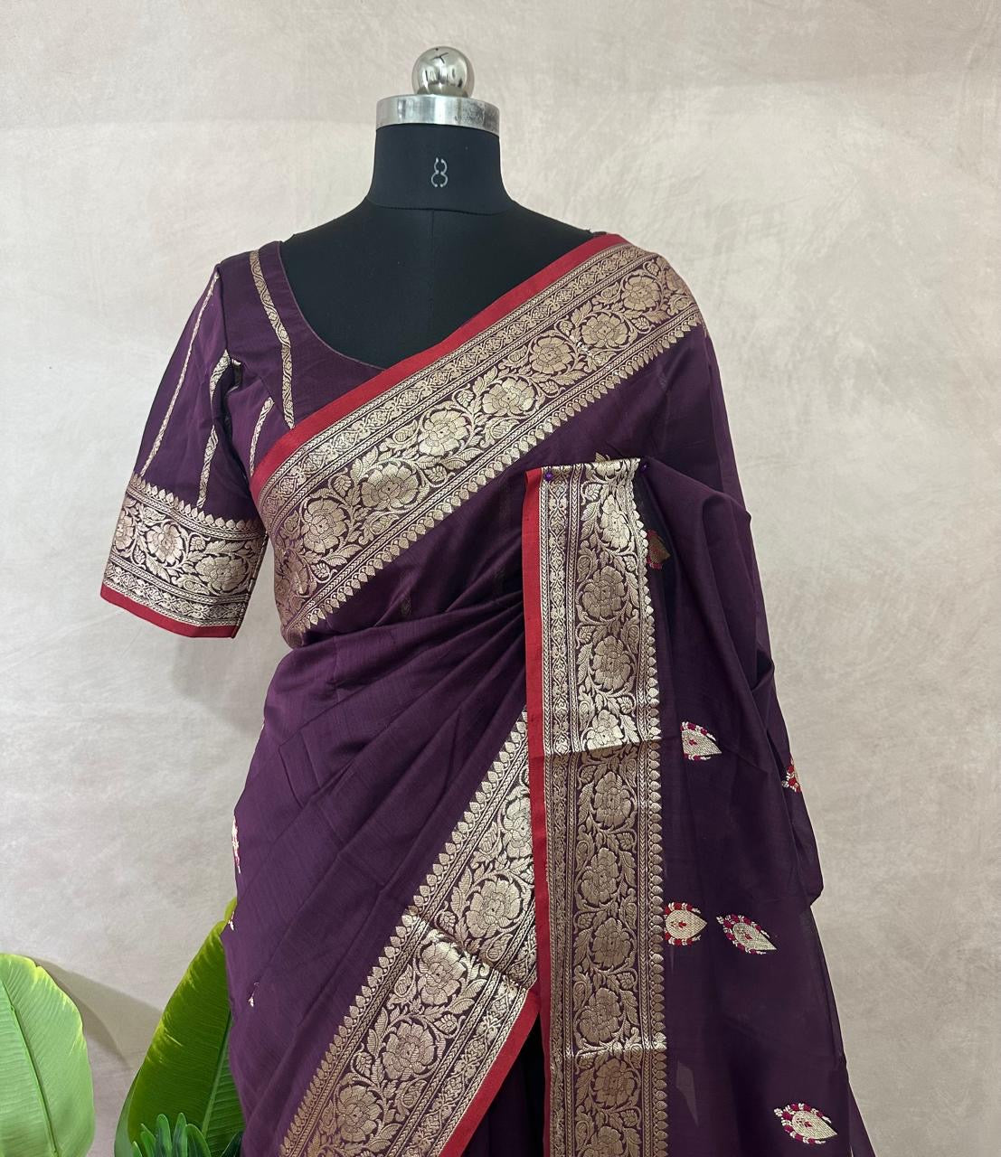 Banarsi cotton silk handloom saree with stitched blouse