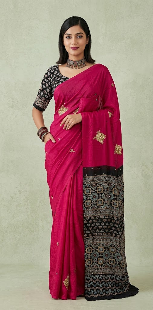 Modal silk saree with bead and mirror work , stitched blouse