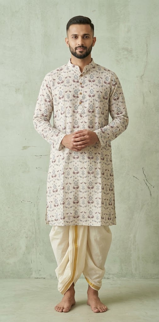 Light grey printed cotton silk kurta