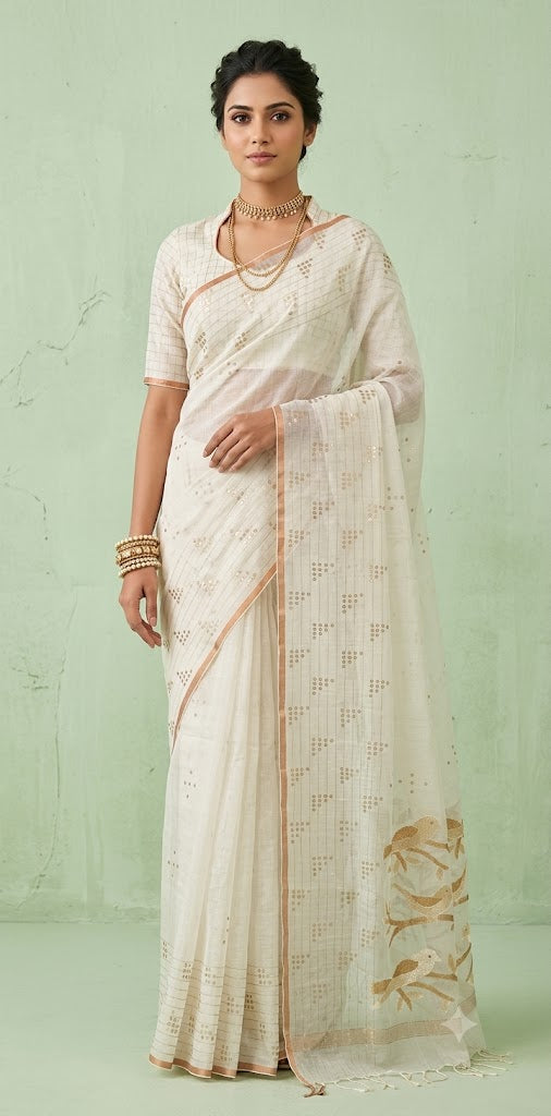 Muslin handloom saree with sequins pocket weave and jamdani pallu, with stitched blouse