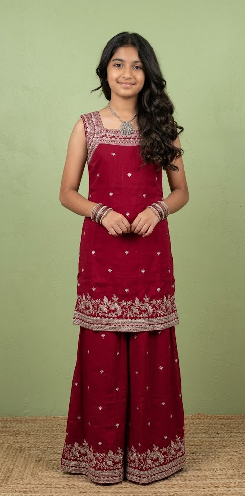 Red short top with palazo pants and dupatta