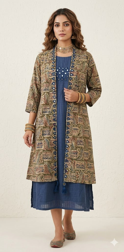 Cotton dress with kalamkari shrug