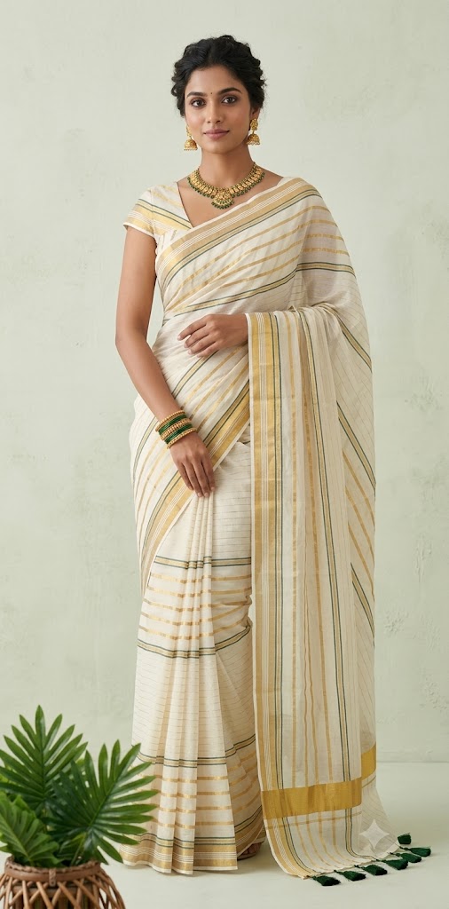 Green and gold line 120 mulcotton saree