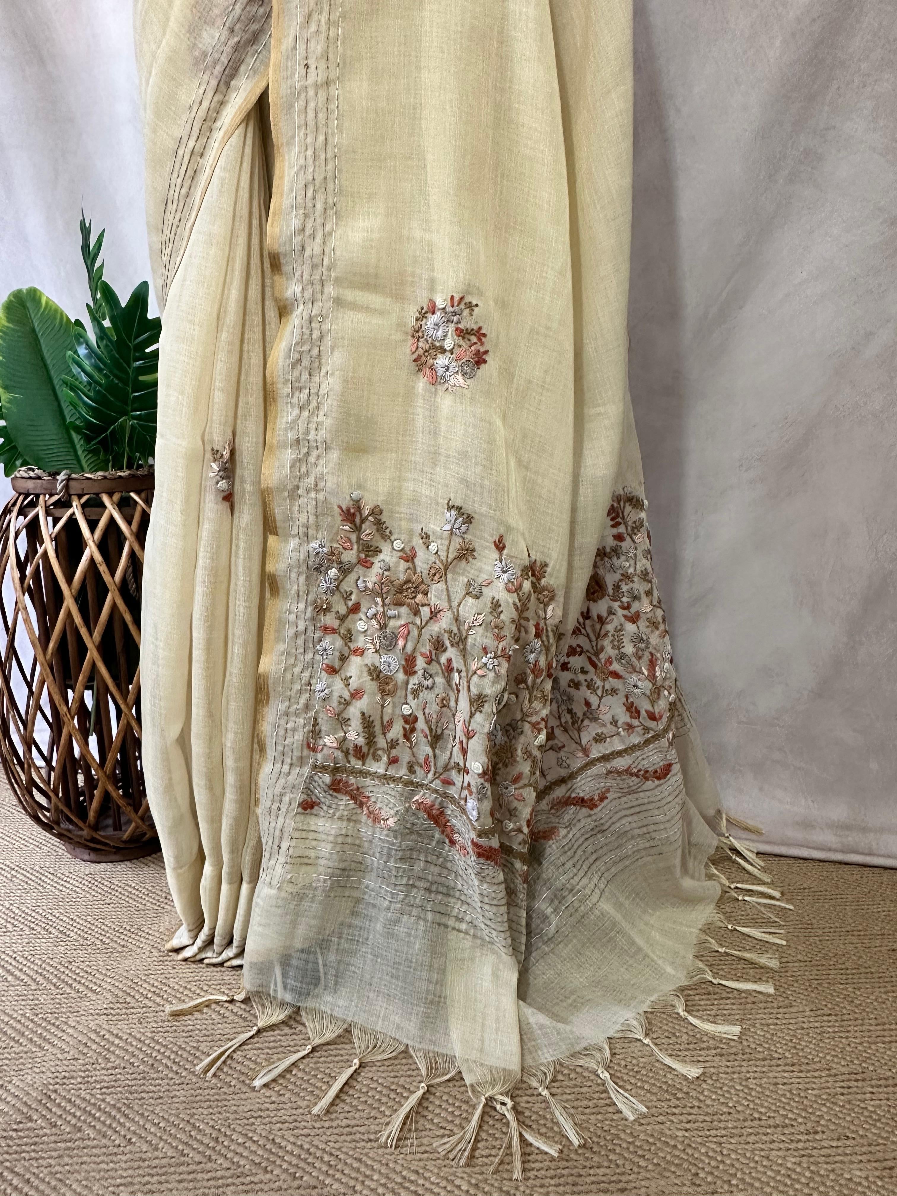 Soft linen tissue saree with handwork, with BP