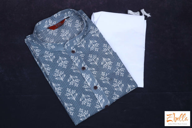 100% Pure Cotton Grey Printed Kurta With Bottom Kurta Set