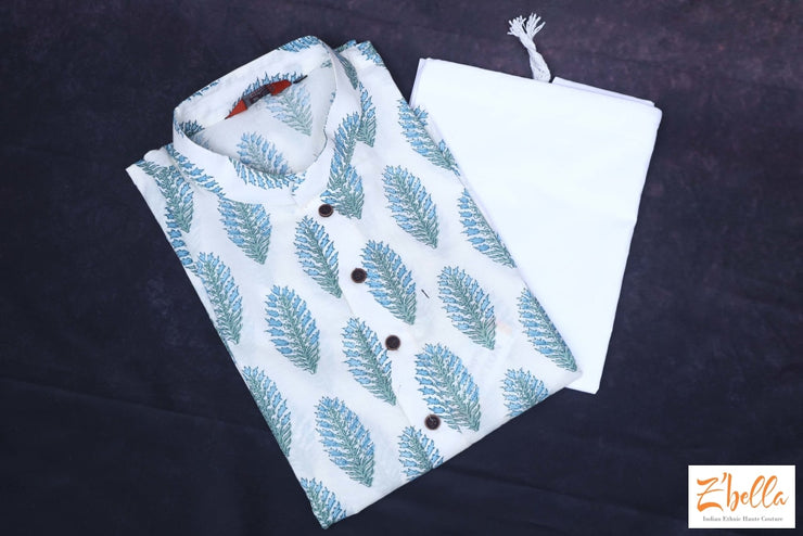 100% Pure Cotton Light Blue Printed Kurta With Bottom Kurta Set