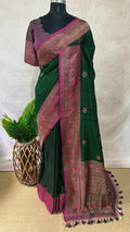 Bottle green dupion silk saree with meenakari weave and stitched blouse