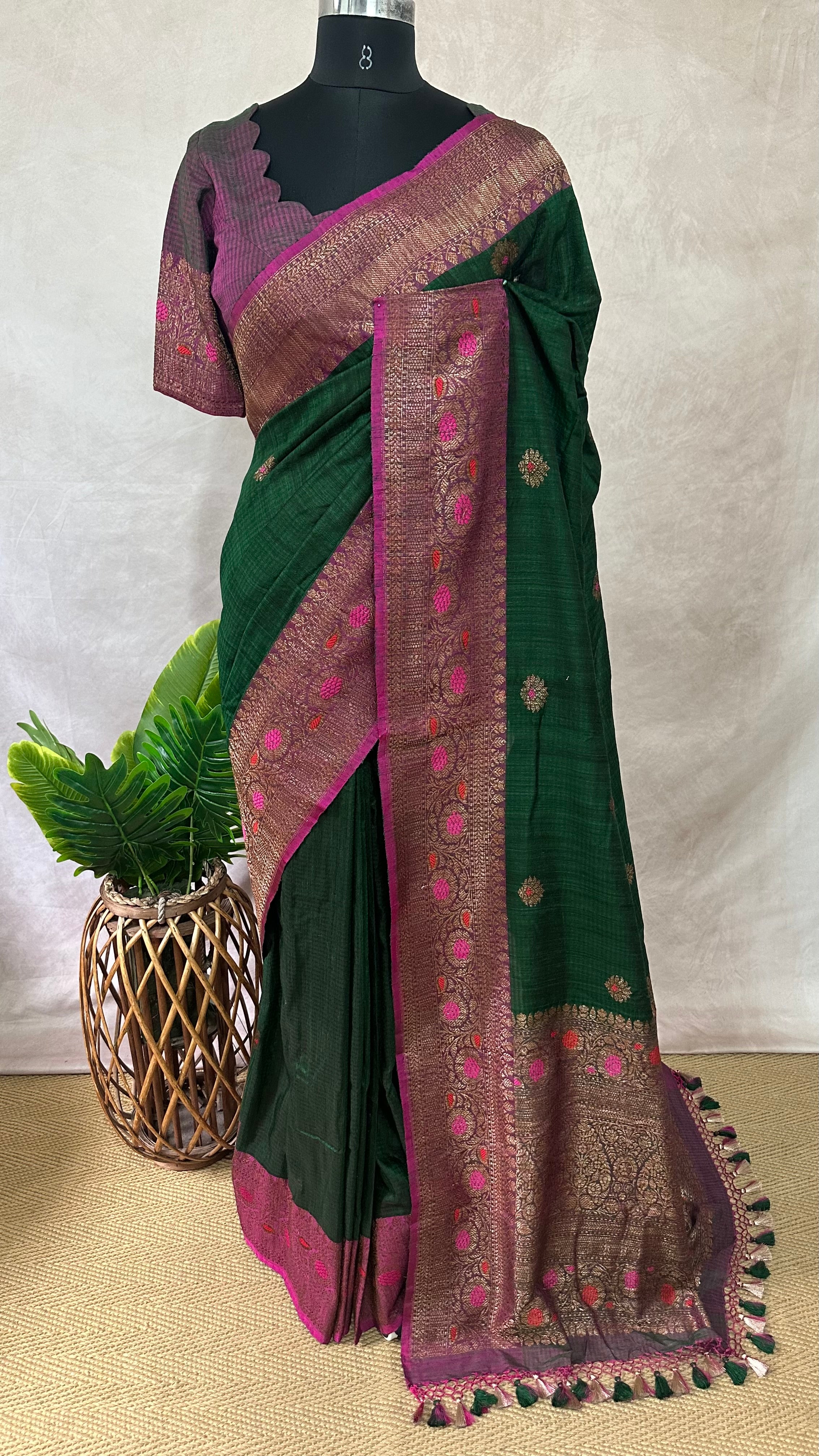 Bottle green dupion silk saree with meenakari weave and stitched blouse