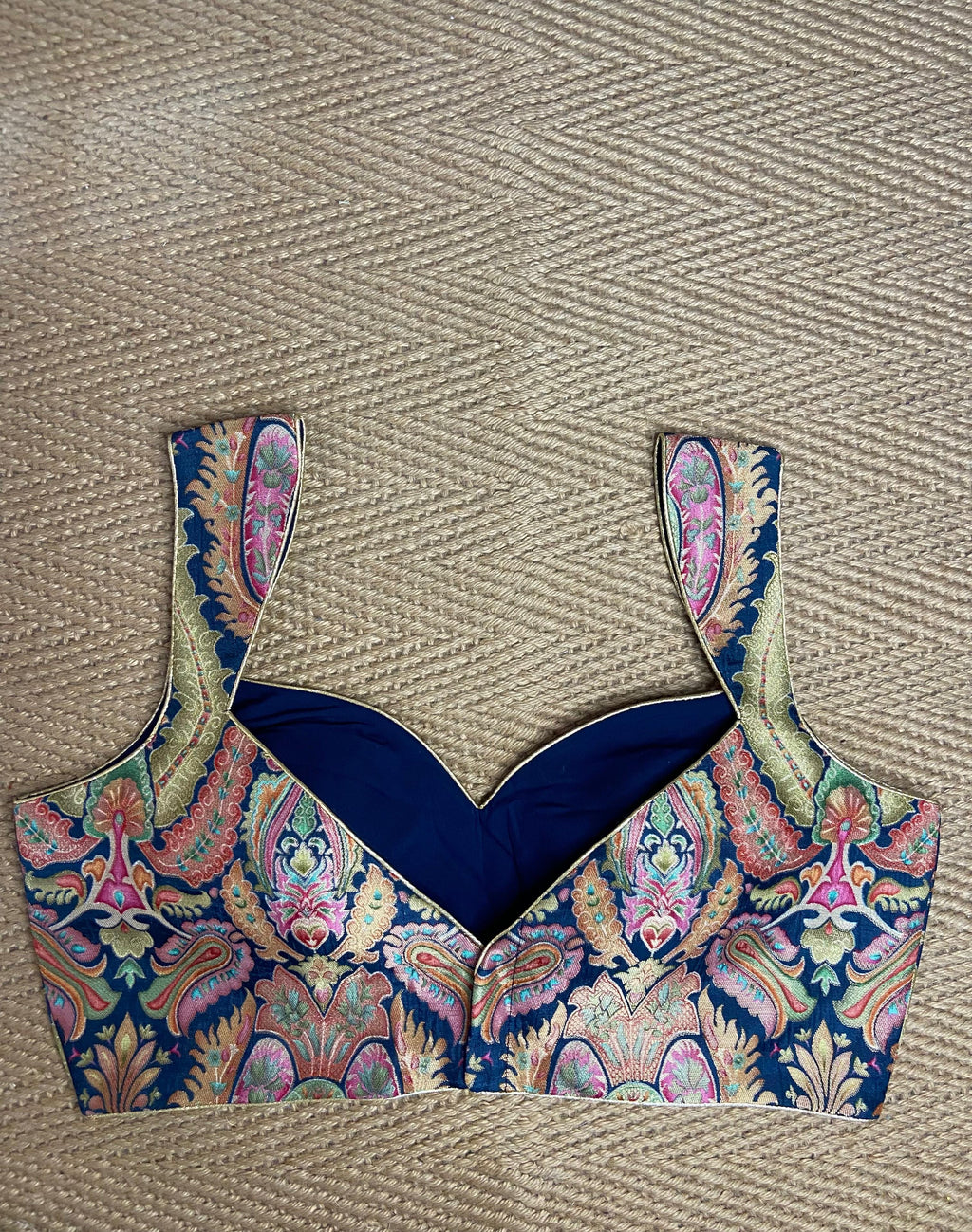 Blue multi-color brocade blouse