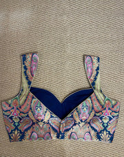 Blue multi-color brocade blouse