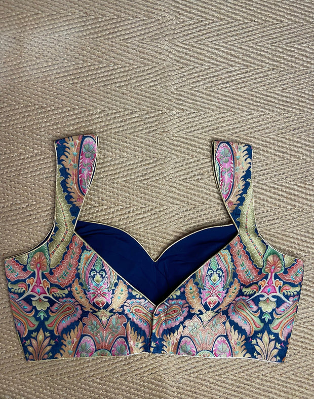 Blue multi-color brocade blouse