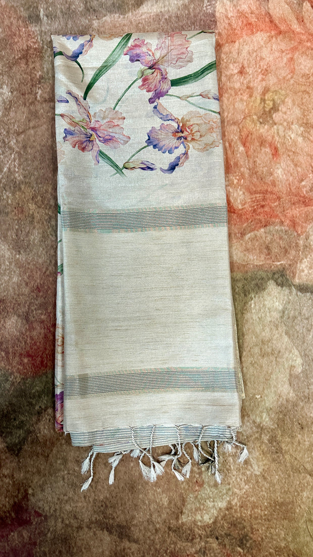 Off white floral printed semi tussar silk saree with stitched blouse