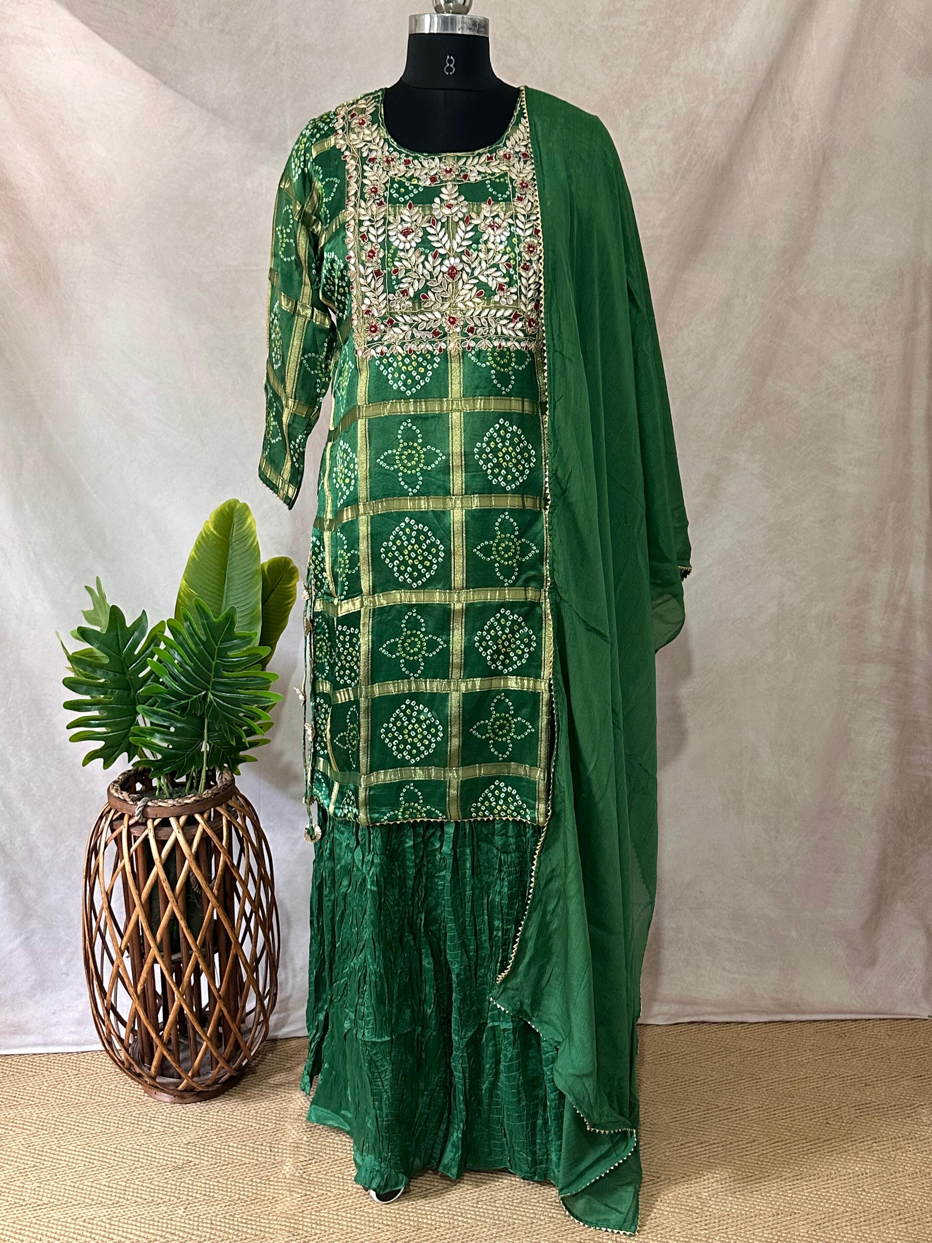 Green garchola kirti with gotta work, comes with bottom and dupatta