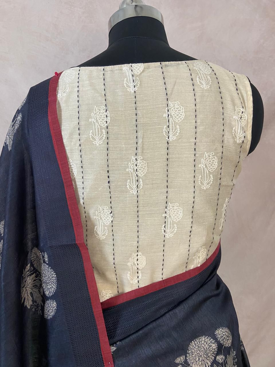 Blended tussar silk saree with stitched long blouse