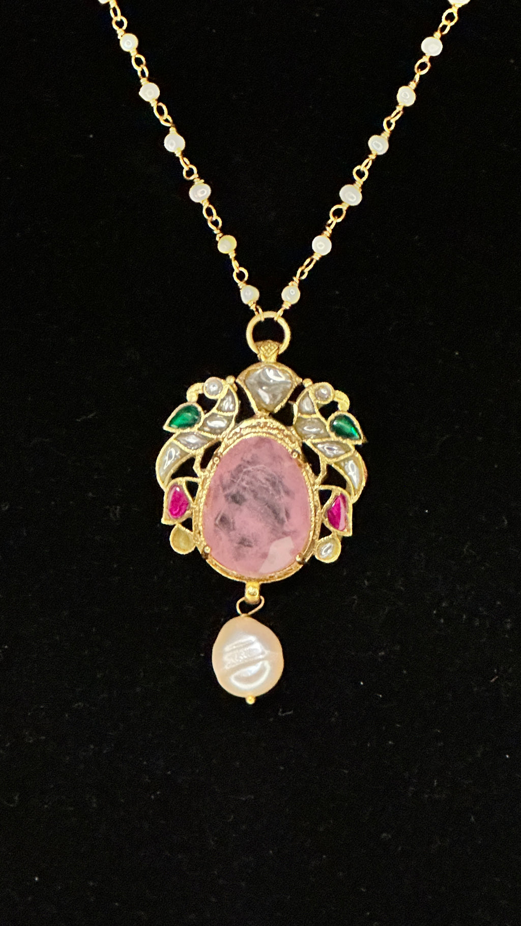 Jadu kundan stone snf light pink stone with pearl chain