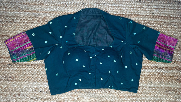 Green blouse with kalamkari and kanta patch work