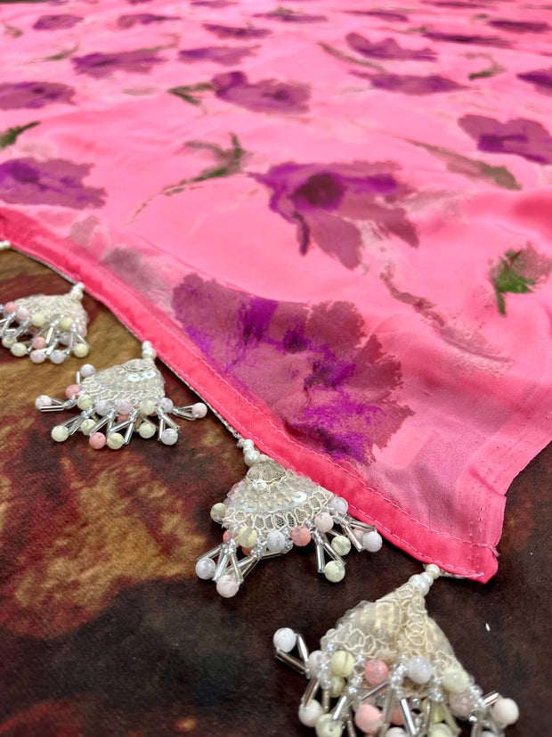 Printed light pink semi crepe silk saree with BP
