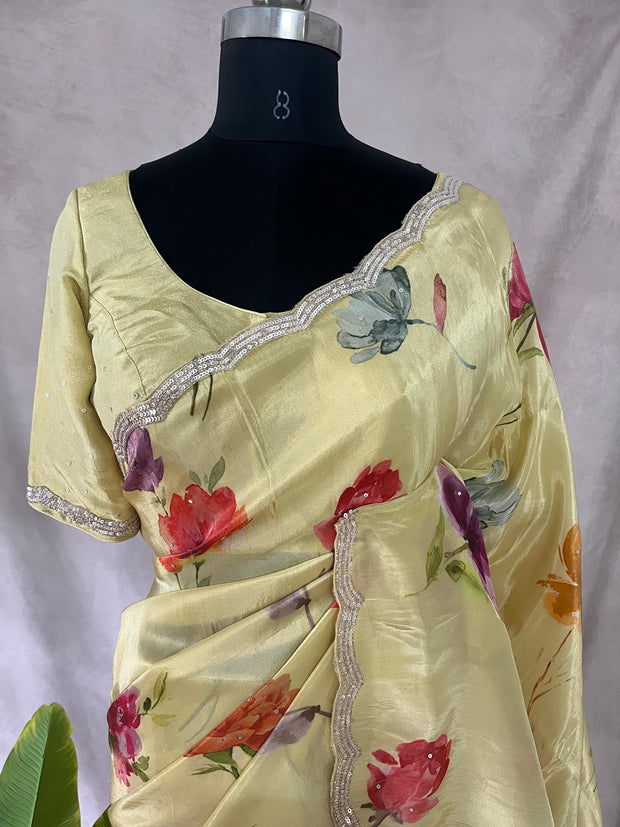 Tissue crepe silk saree with sequins border, stitched blouse
