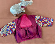 Maroon pure silk blouse with kalamkari patch work and bead work