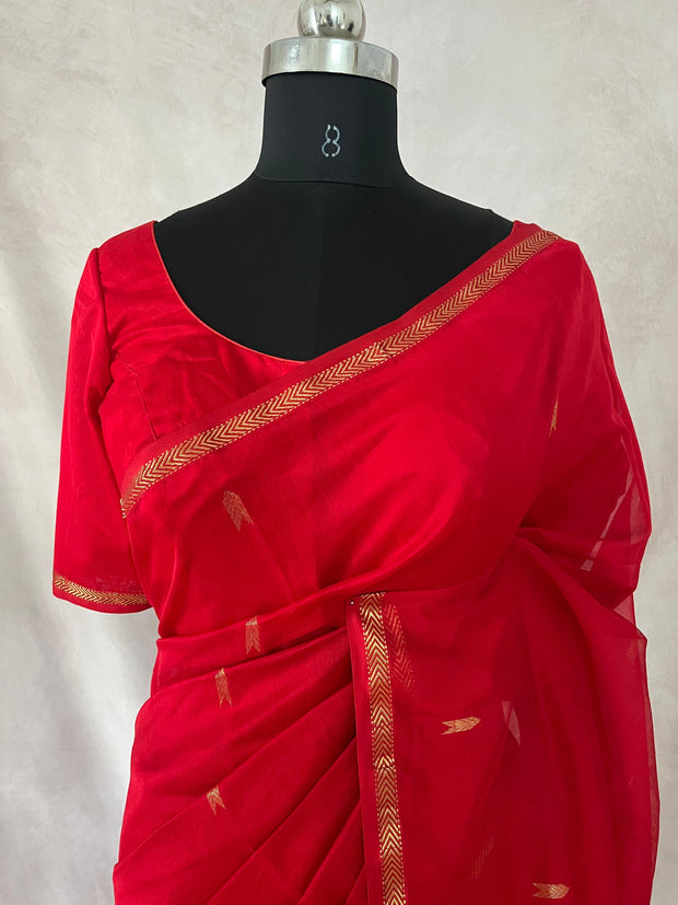 Pure Red Maheshwari silk saree with stitched blouse
