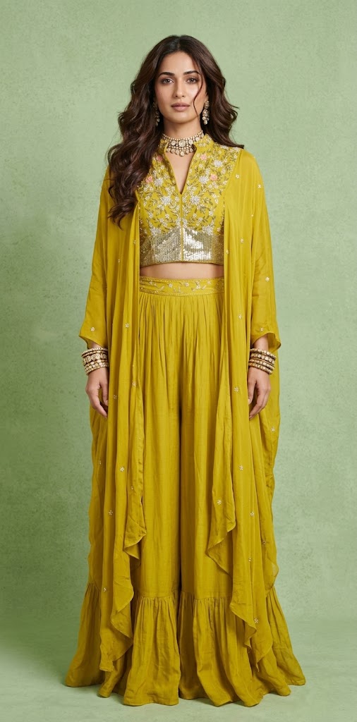 Mustard yellow crepe designer top with skirt