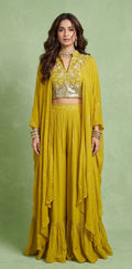 Mustard yellow crepe designer top with skirt