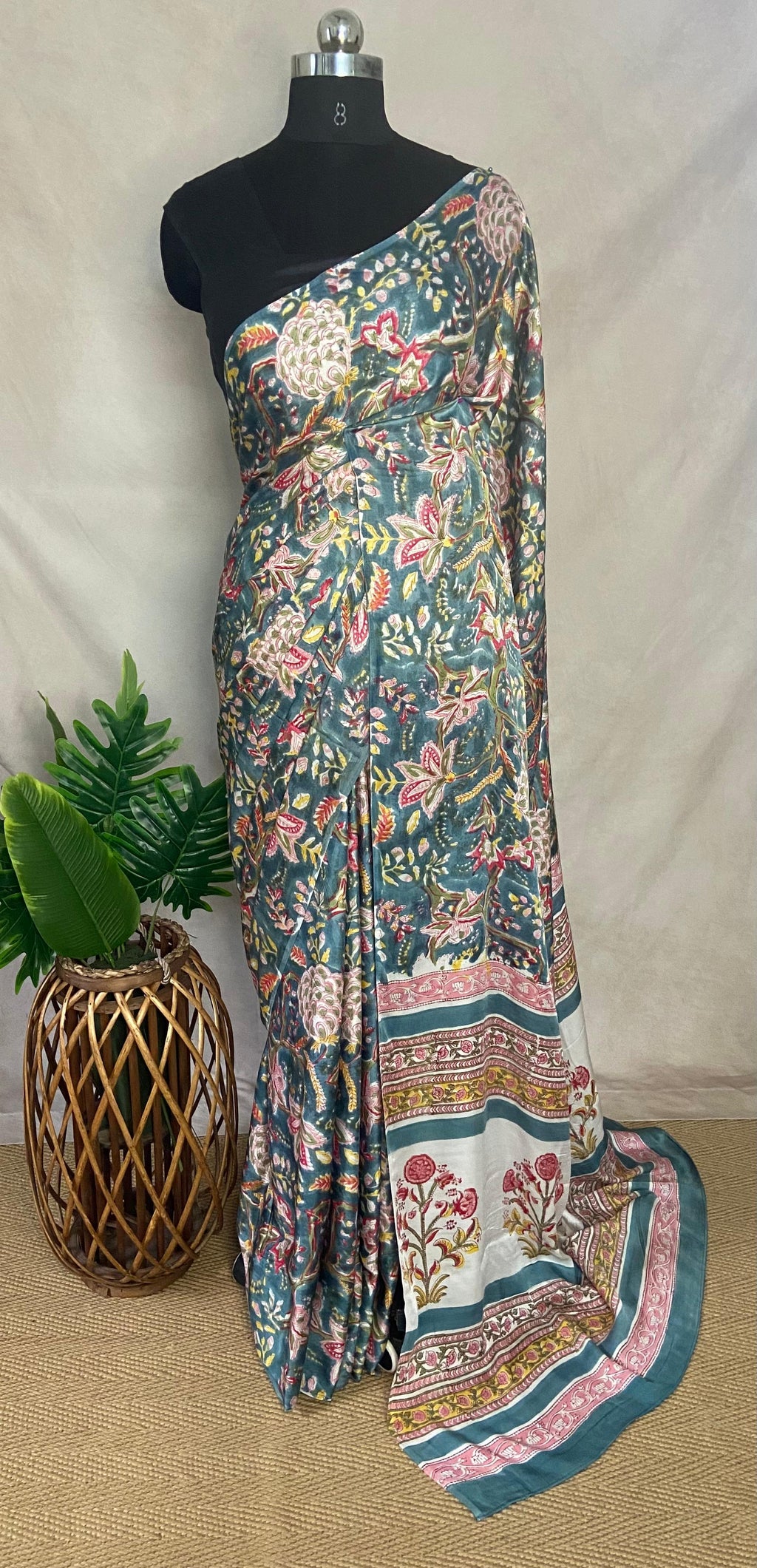 Greyish green vanaspathi handblock print modal silk saree, with BP