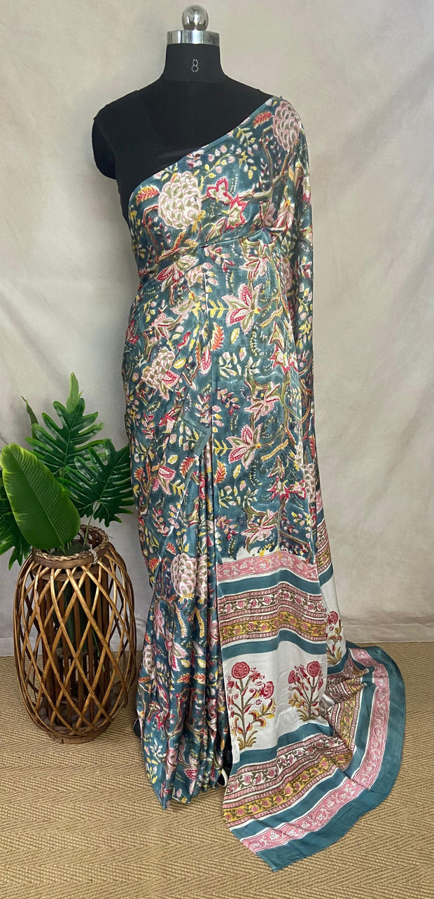 Greyish green vanaspathi handbloack print modal silk saree, with BP