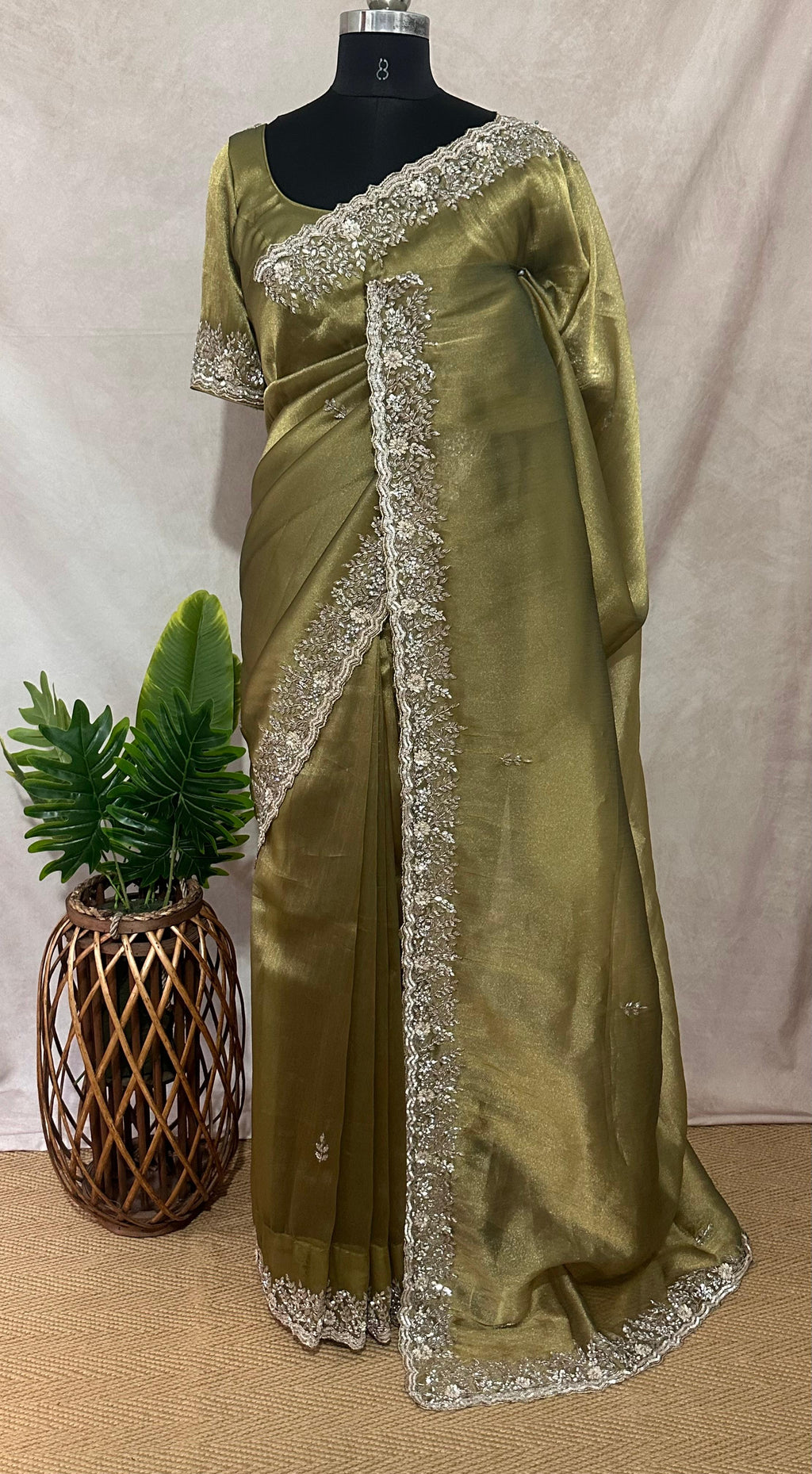 Olive green Green tissue designer saree with stitched blouse and under skirt