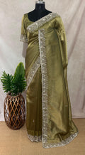 Olive green Green tissue designer saree with stitched blouse and under skirt