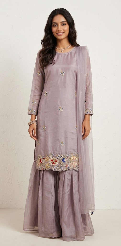 Lavender embroidered kurti with gharah and dupatta