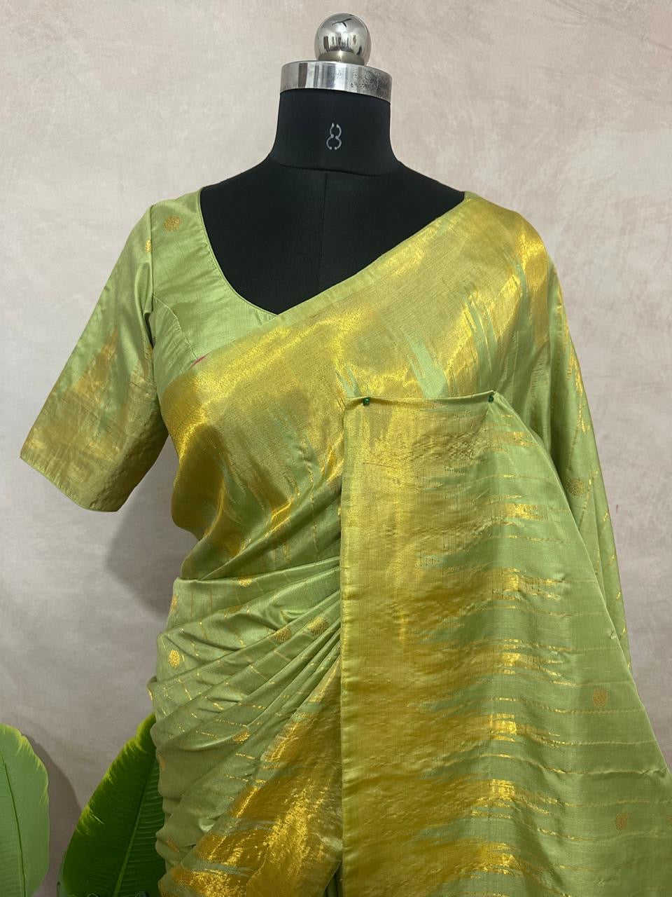 handloom pure silk pista green gadwal silk saree with stitched blouse