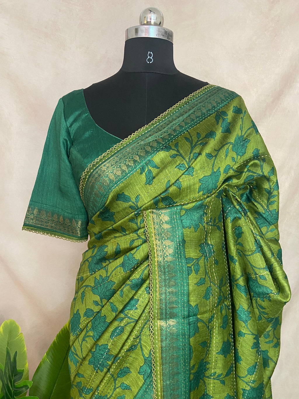 Printed blended tussar silk saree with kanta work and stitched blouse
