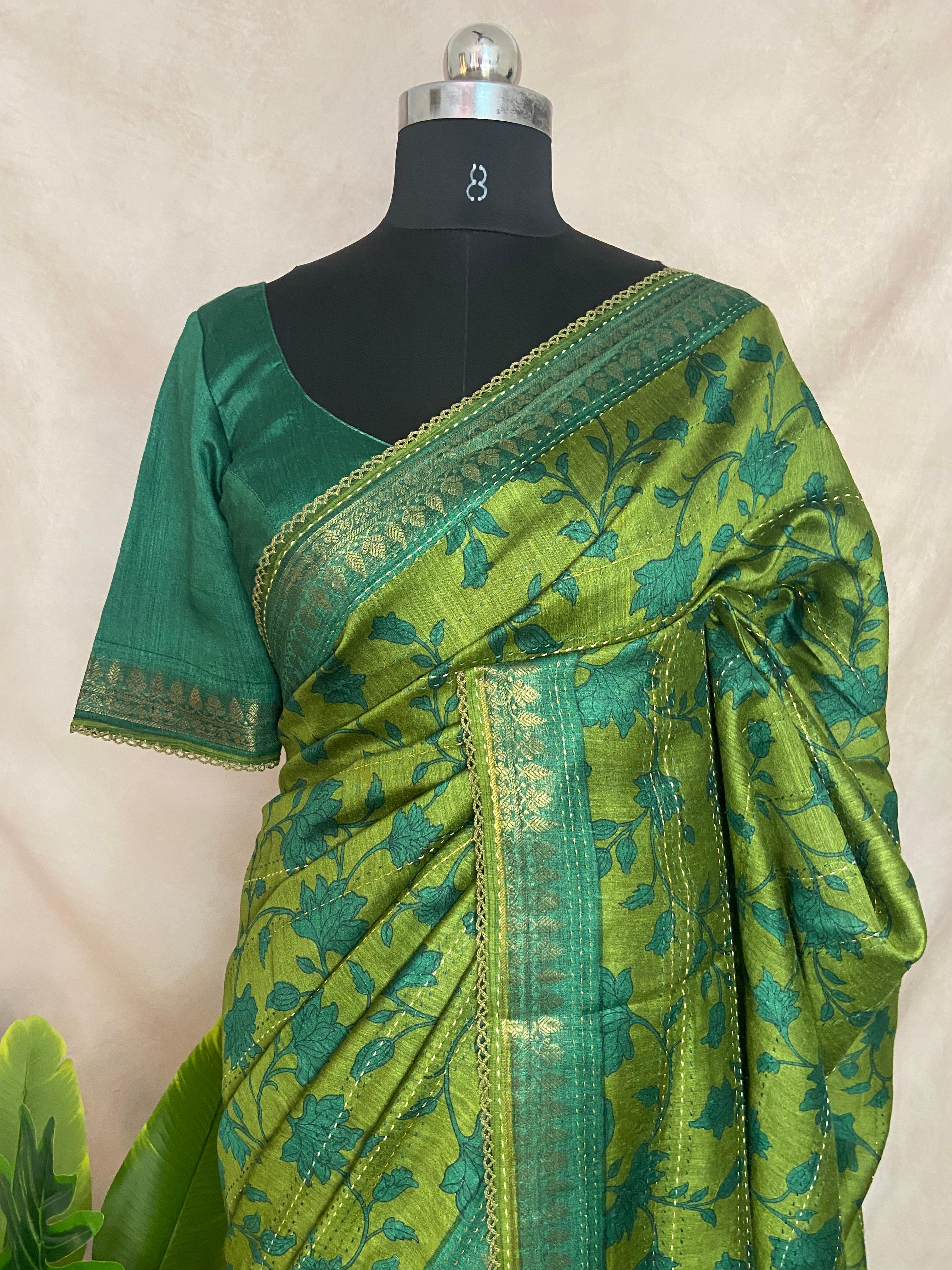 Printed blended tussar silk saree with kanta work and stitched blouse